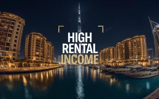 Dubai Marina skyline at night with Burj Khalifa, luxury towers, and text ‘High Rental Income’ overlay