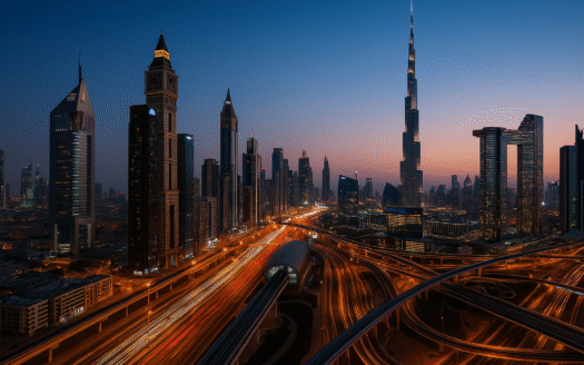Aerial image collage showing Dubai's landmark leading infrastructure projects: Burj Khalifa district with Dubai Mall, Palm Jumeirah island, and Dubai Metro in one frame or side-by-side. High-resolution and clean composition.