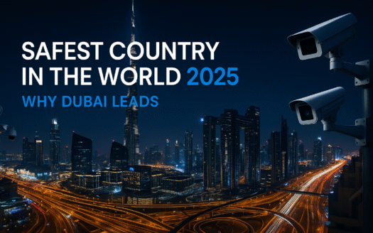 Top Safest Countries in the World 2025 - Futuristic night view of Dubai skyline with Burj Khalifa, Sheikh Zayed Road light trails, and smart surveillance cameras – showcasing Dubai as the safest country in the world 2025.