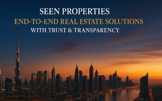 Dubai skyline at sunset with Seen Properties branding showcasing end-to-end real estate solutions built on trust and transparency.
