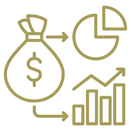 Seen properties investment concept with money bag pie chart and bar graph symbolizing financial growth and analysis, ideal for real estate and economic strategies.