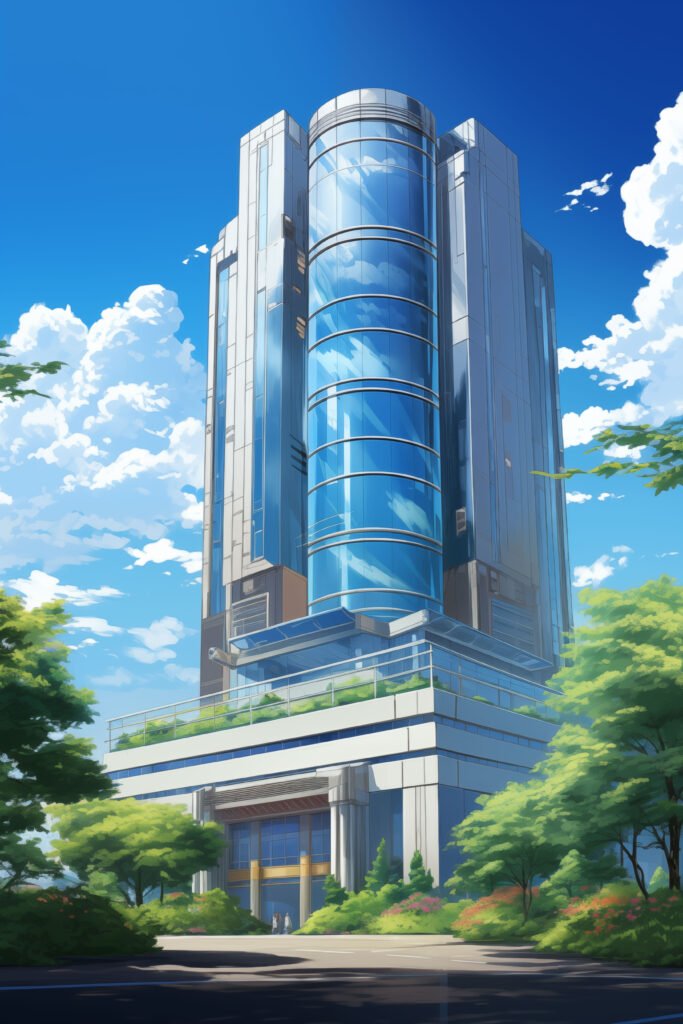 Seen properties modern skyscraper with a blue glass facade towering against a clear blue sky surrounded by lush green trees under bright sunlight creating a serene urban scene