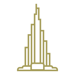 Seen properties modern architectural logo design featuring a stylized skyscraper in gold on a black background symbolizing luxury real estate and urban development.