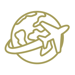 Seen properties icon featuring a stylized airplane circling a globe illustrate travel and global reach conveying international access and worldwide connectivity.