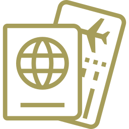 Seen properties passport and boarding pass icon illustrates travel essentials with a globe symbol and airplane on a card highlighting international travel and tourism.