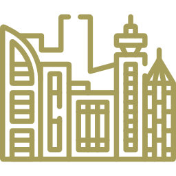 Seen properties urban skyline line art with diverse modern buildings and towers on a black background representing city architecture and real estate development