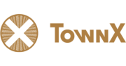 Seen properties logo featuring a stylized gold X inside a circle on the left and the text TownX in matching gold color on the right representing urban real estate.